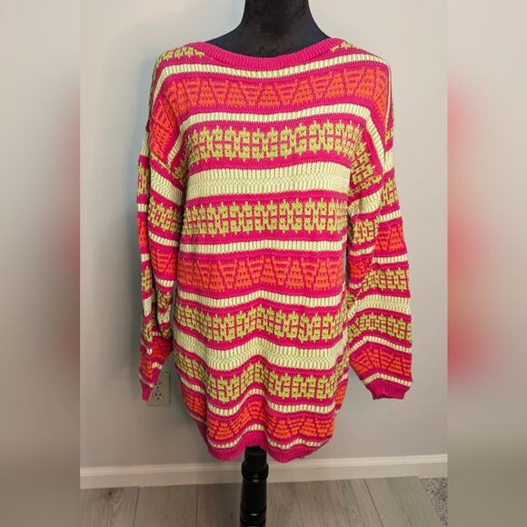 VTG Pappagallo striped bright pink green sweater sz Large preppy oversized - Picture 1 of 6